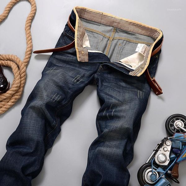 

men's jeans drop summer men elasticity fashion loose denim pants business casual male straight trousers, Blue