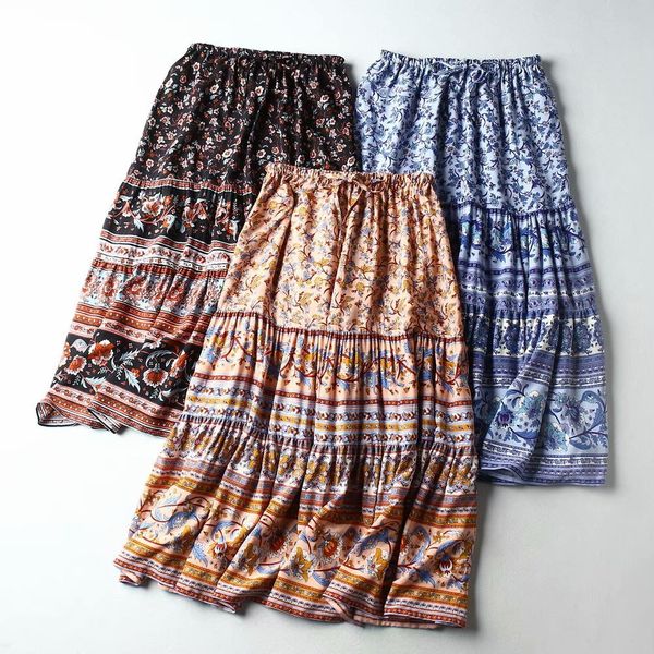 

print boho floral long skirt women cotton elastic waist bottoms bohemian beach holiday seaside summer female fashion spring 2020 new, Black