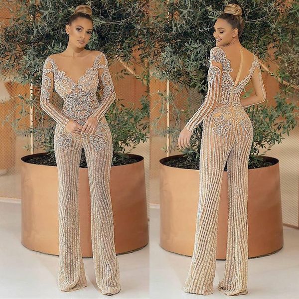 

jumpsuits 2021 prom dress luxury beading glitter sequins robe de soiree sheer neck long sleeve evening gowns, Black