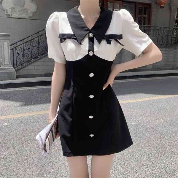 

vintage fashion hit color sweet puff sleeve peter pan collar bowknot slim dress elegant single-breasted party vestidos 210519, Black;gray
