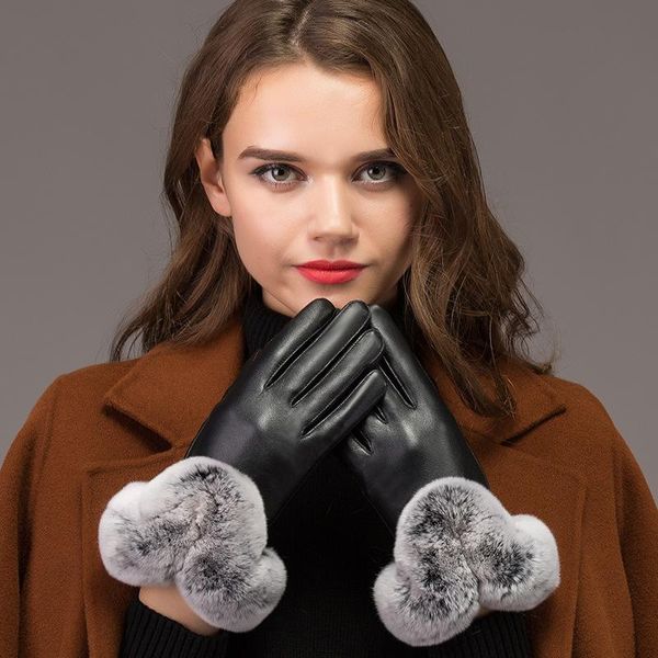 

fingerless gloves pu leather faux fur ball for winter women' mittens luvas women guantes mujer, Blue;gray