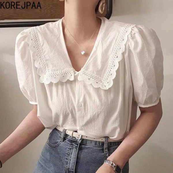 

korejpaa women shirt summer korean chic gentle doll collar single-breasted loose solid color all-match puff sleeve blouses 210526, White
