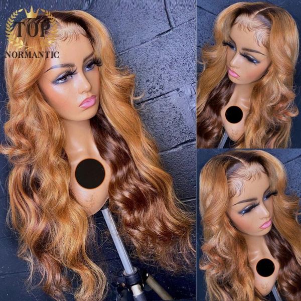 

ormantic remy human hair wigs for women glueless wig highlight color body wave lace front with pre plucked hairline, Black;brown