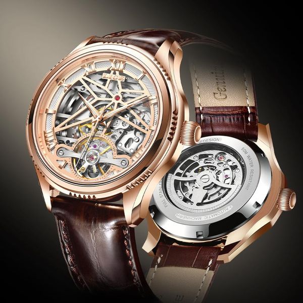

wristwatches lige skeleton tourbillon mechanical watch men automatic classic rose gold leather wrist watches reloj hombre 2021+box, Slivery;brown