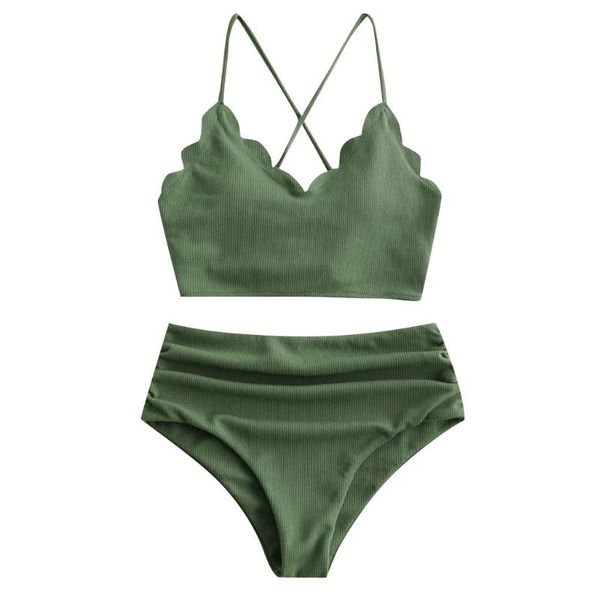 

women switsuit 2021 crisscross back solid high waist rib bikini set two piece swimsuit baÃ±adores mujer women's swimwear, White;black