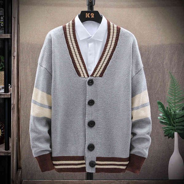 

knit sweater fashion contrast color long sleeve coat v-neck loose 2021 men's ted cardigan, White;black