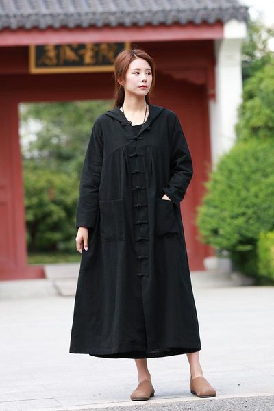 

women's trench coats 2021 original classic outwear cotton linen retro button hooded windbreaker coat solid witch robe, Tan;black