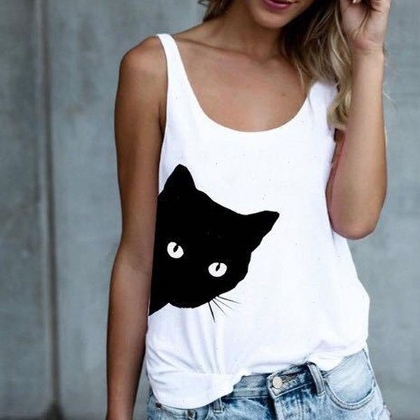 

womens tanks cat printed tank o neck tee casual lady loose vests wdc4740, White