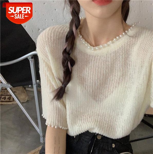 

ins women's loose pearl short-sleeved western-style knit sweater #0j5f, Black;gray