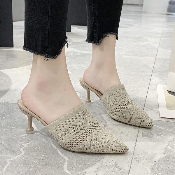 

slippers lazy baotou women summer fashion outer wear stiletto semi pointed high heel sandals, Black