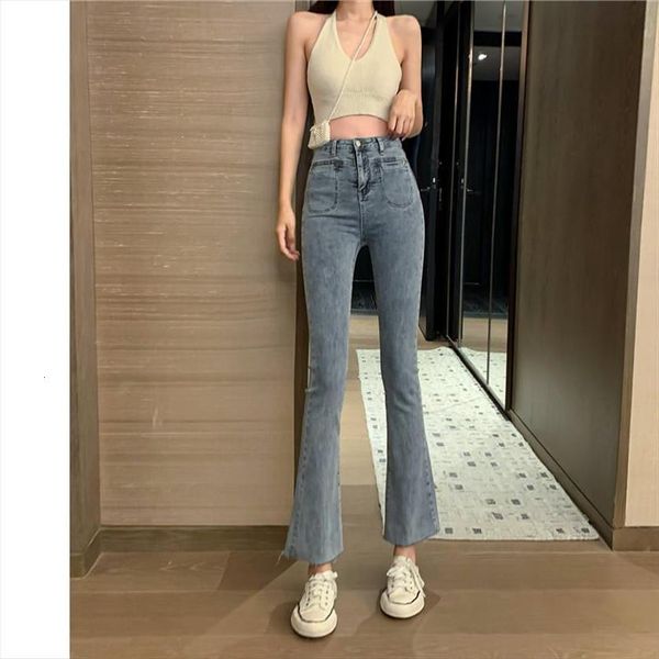 

spring summer high waisted womens jeans slim micro flared ankle length denim pants female vintage casual flare boot cut, Blue