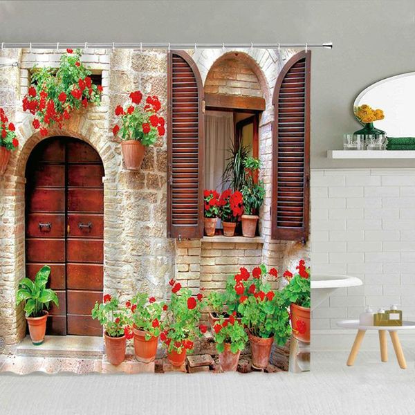 

shower curtains nordic town street scenery curtain stone wall wood door vine leaf idyllic flowers landscape bathroom decor hooks