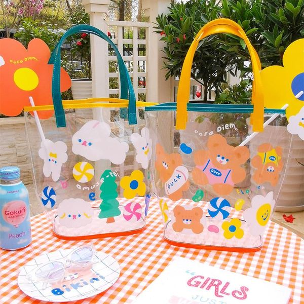 

storage bags korean style flower clear beach bag transparent mesh net red girl heart single shoulder
