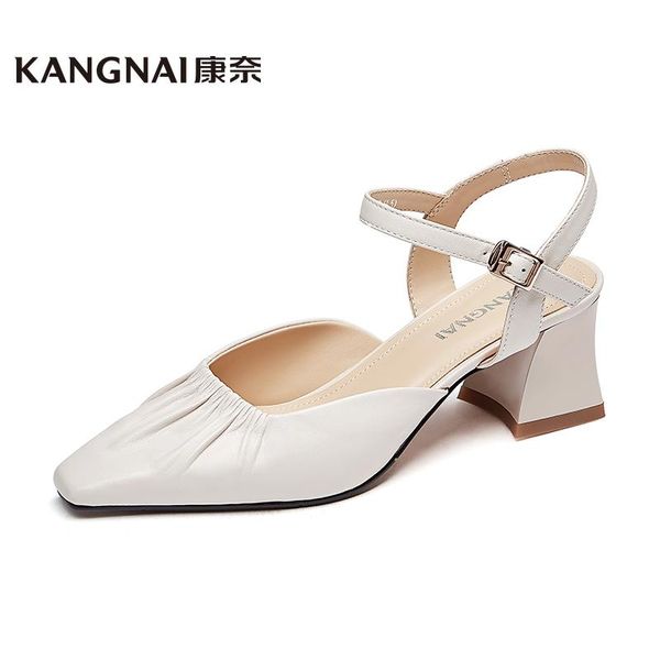 

women's sandals pointed toe pumps genuine leather high heel ladies fashion buckle strap thick heels summer shoes, Black