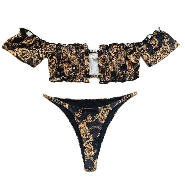 

two-piece suits women 2pcs floral bikini set short sleeve off shoulder ruffles swimsuit a69a
