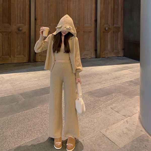 

women's two piece pants 5083 knitted three set, White