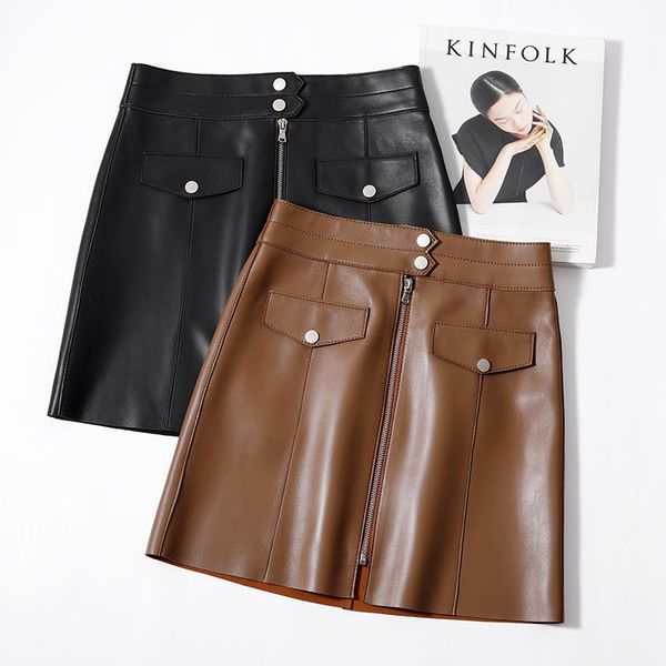 

skirts 2021 women natural leather skirt genuine sheepskin waist korean slim a-line pack hip, Black