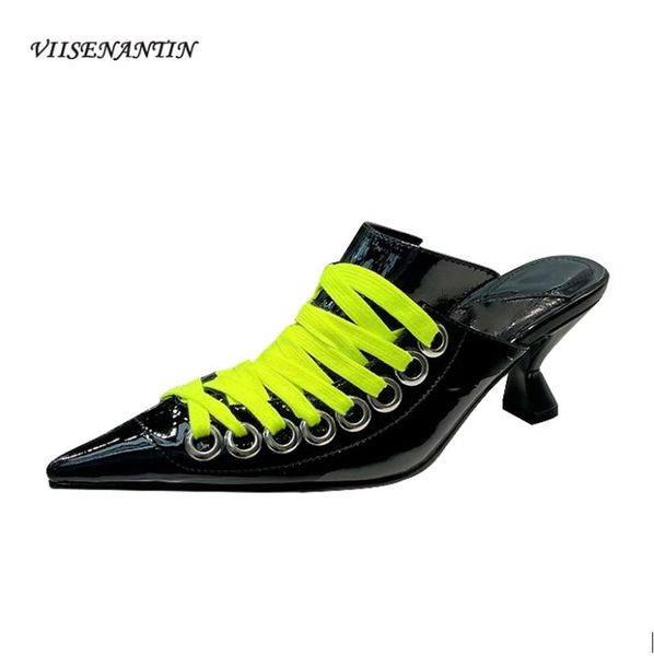 

sandals summer catwalk show pointed rhinestone metal chain high-heeled patent leather cowhide lace-up stiletto, Black