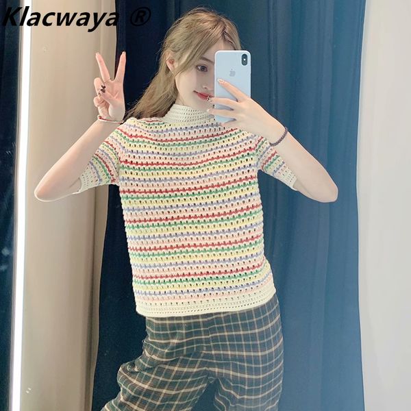 

women sweet fashion striped cropped knitted sweater vintage hollow out o neck short sleeve pullovers chic 210521, White;black