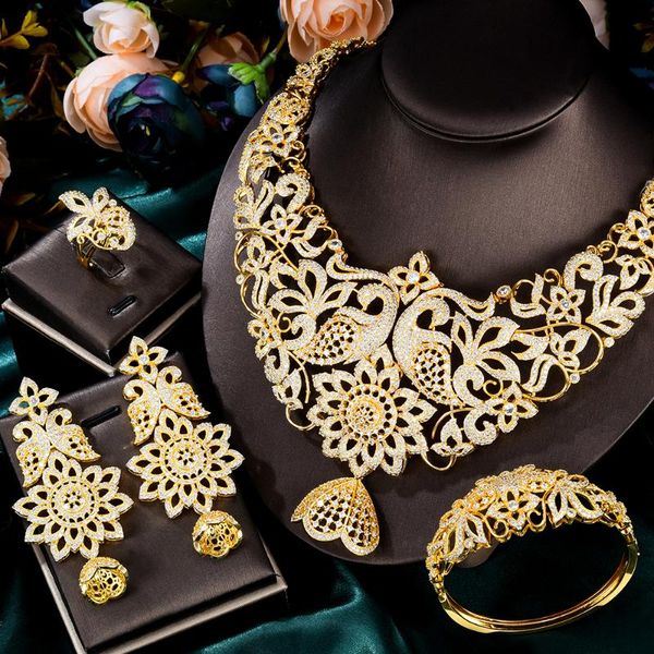 

earrings & necklace blachette luxury big flowers bangle ring 4pcs for women bridal wedding daily party fashion jewelry set, Silver