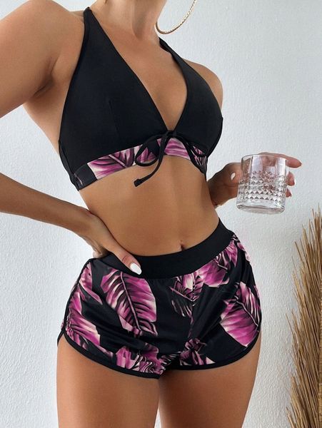 

plant print knot front bikini swimsuit with swim shorts j7da#, White;black