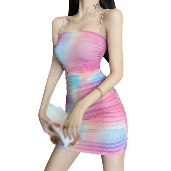 

casual dresses rainbow color tie-dye women dress tight suspender backless sling sundress vestidos, Black;gray