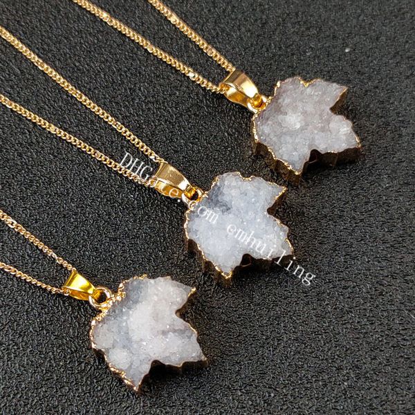 Natürlicher Quarz Kristall Rock Cluster Edelstein Blatt Anhänger Vergoldung Schutz Glück weiß Druzy Drusy Agate Geode Ahornblätter Hohl Liebe Herz Halskette