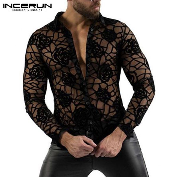 

fashion men mesh shirt transparent printed long sleeve streetwear button blouse 2021 lapel party nightclub camisas incerun men's casual, White;black
