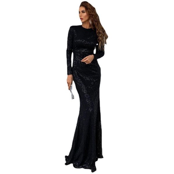 

casual dresses long for women party solid o-neck sleeve sequins evening, Black;gray