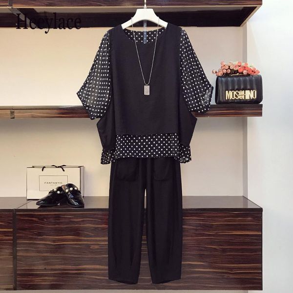 

women's tracksuits plus size women tracksuit summer polka dot patchwork oversized batwing sleeve blouse and casual wide leg pants 2pc s, Gray