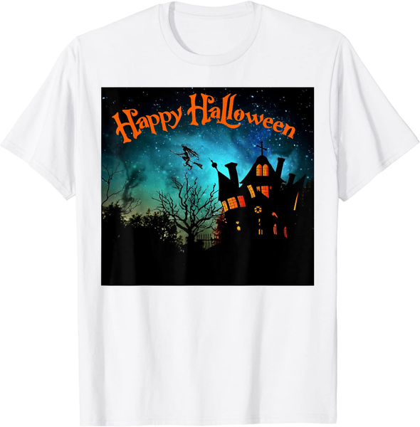 

men's t-shirts creepy halloween house with a witch flying t-shirt, White;black