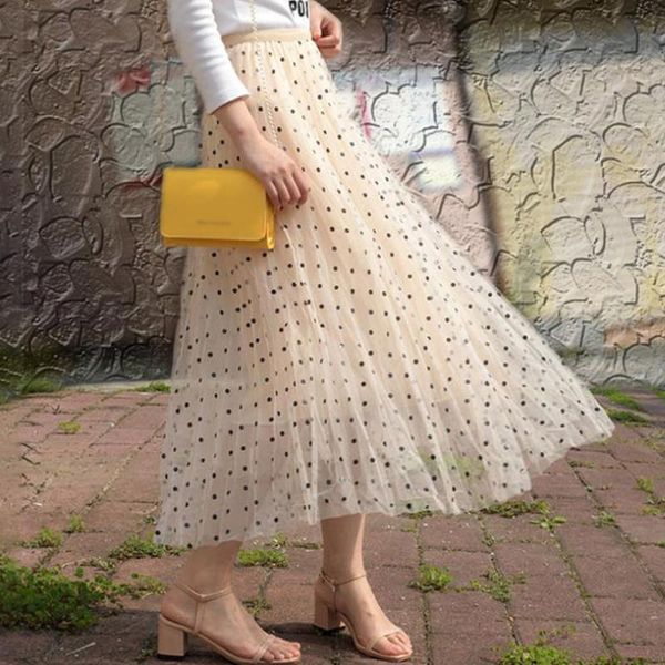 

skirts long tulle pleated polka dot womens vintage high waist mesh tutu midi 2021 princess harajuku female party skirt, Black
