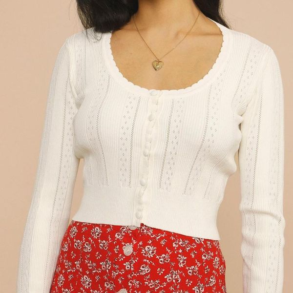 

women's knits & tees spring/summer 2021 round neck long-sleeved single-breasted fashion lace hollow knit cardigan slim all-match sweate, White