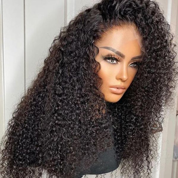 

lace wigs natural black kinky curly 13*6 deep human hair malaysian remy for women preplucked 200% density, Black;brown