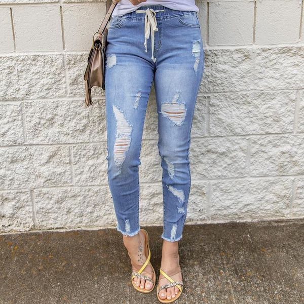 

women's jeans 2021 drawstring elastic waist pierced, Blue