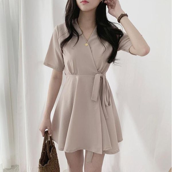 

casual dresses women solid a-line kawaii dress korean v-neck short sleeve party summer ladies empire above knee vestidos cute clothing, Black;gray