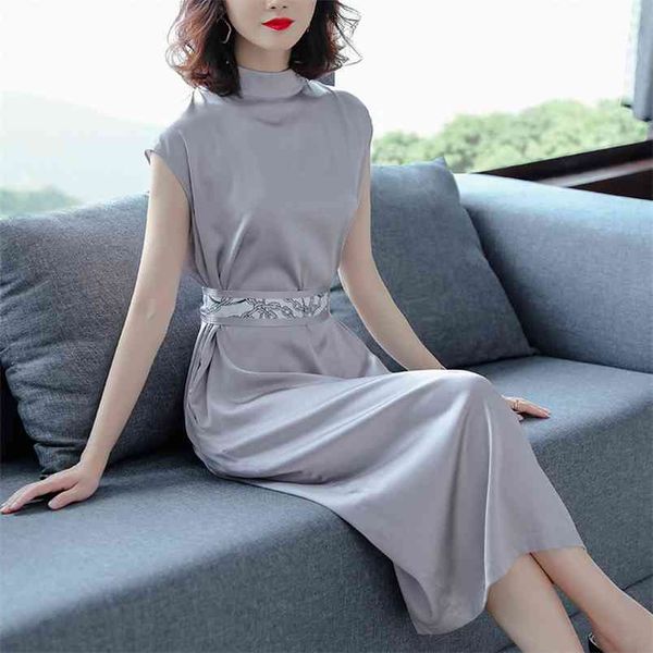 

summer women half high neck black temperament simple waist slimming dress fashion casual long dress210527, Black;gray