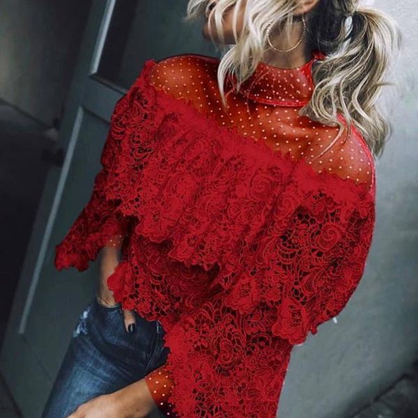 

women's t-shirt elegant high collar style mesh lace patchwork irregular hollow tee shirts for women, White