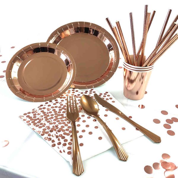 

rose gold paper tray cup tableware set bronzing party supplies rose