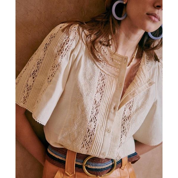 

women's blouses & shirts embroidered hollow out blouse 2021 summer women short sleeves round neck button chic vintage elegant female c, White