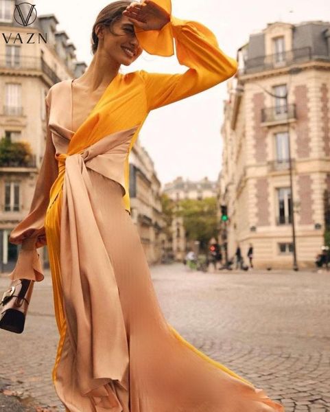 

casual dresses vazn 2021 summer ladies fashion street slim elegant pure color satin yellow splicing long dress, Black;gray