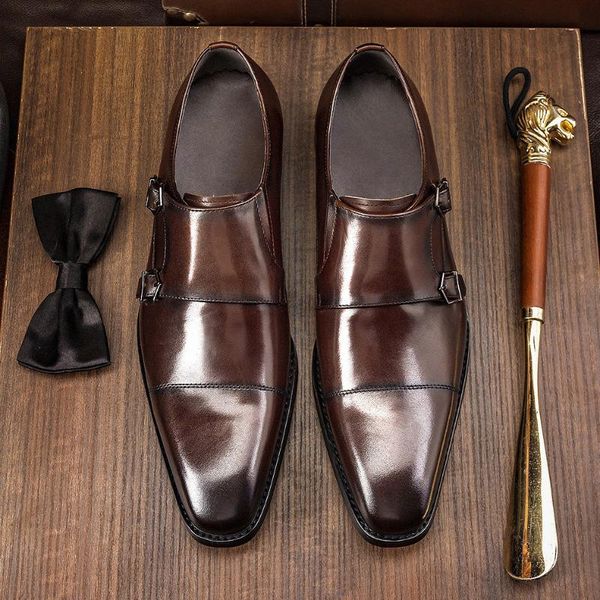 

dress shoes phenkang men genuine wingtip leather oxford retro working for male slip on buckle party oxfords, Black