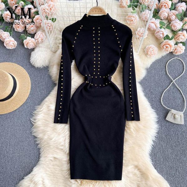 

casual dresses yuoomuoo ins fashion rivet sweater dress 2021 autumn winter comfy half high collar knitted office lady elegant work, Black;gray