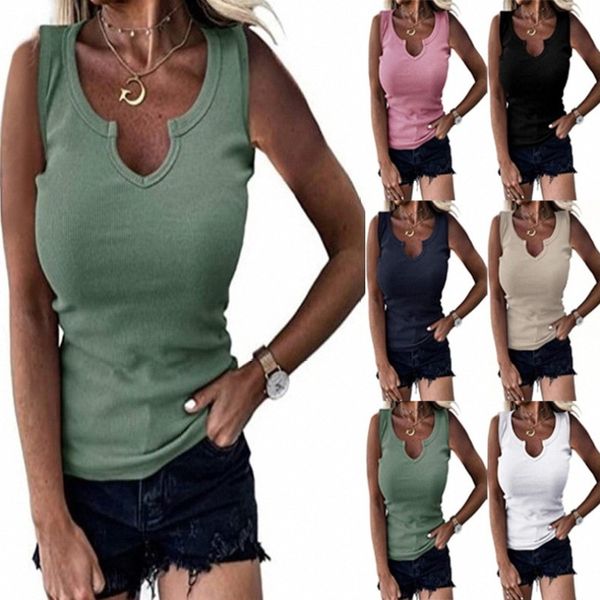 

2021 european and american summer new women's tight rib v-neck sleeveless vest casual t-shirt, White