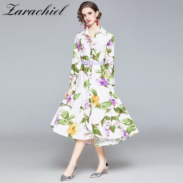 Осенняя мода взлетно-посадочная полоса флора рубашка женщины с длинным рукавом однобортные цветы и зеленые листья печати праздничные платья с поясом 210416
