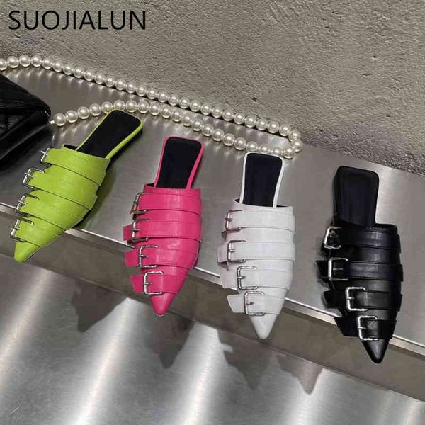 

suojialun new brand pointed toe women slippers fahion buckle slides slip on mules shoes ladies flat heel outdoor sandals flip f c0407, Black