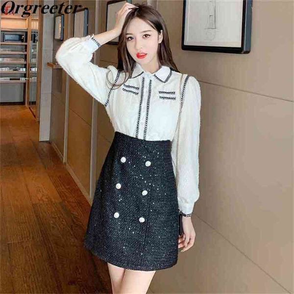 

spring fashion white black patchwork tweed dresses women long sleeve lapel double-breasted ol work 210602, Black;gray