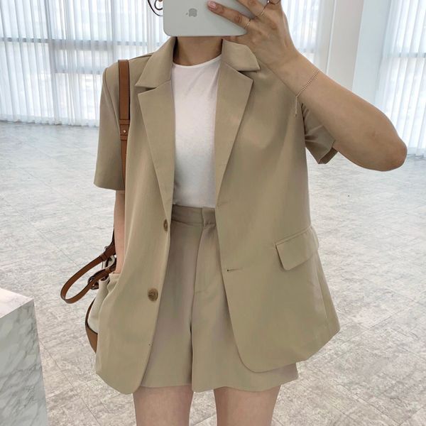 

two piece dress korean chic lapel loose button suit coat + high waist casual short wide leg trousers vhvg, White