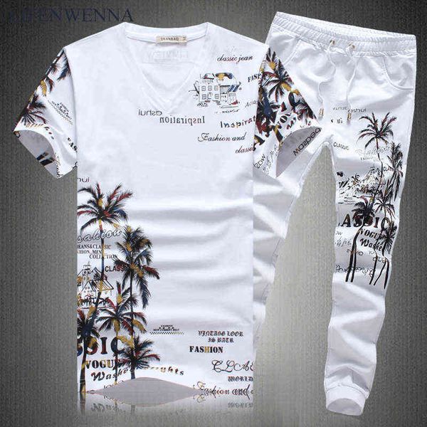 Nova Moda Outono Conjuntos Longos Homens Casual Coconut Island Impressão Ternos para Homens Estilo Chinês Conjuntos De Terno T Shirt + Calças M-5XL G1209