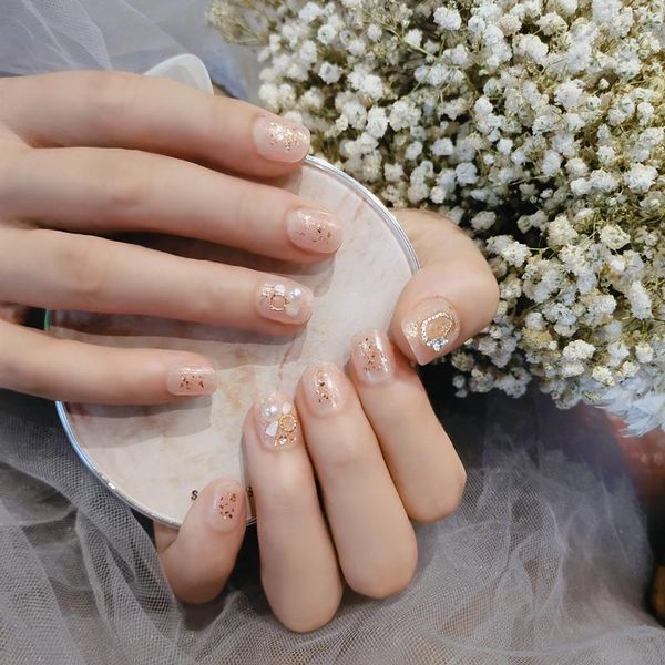 

false nails 24pcs pearl inlaid nail patch glue type removable short paragraph fashion manicure save time teea889, Red;gold